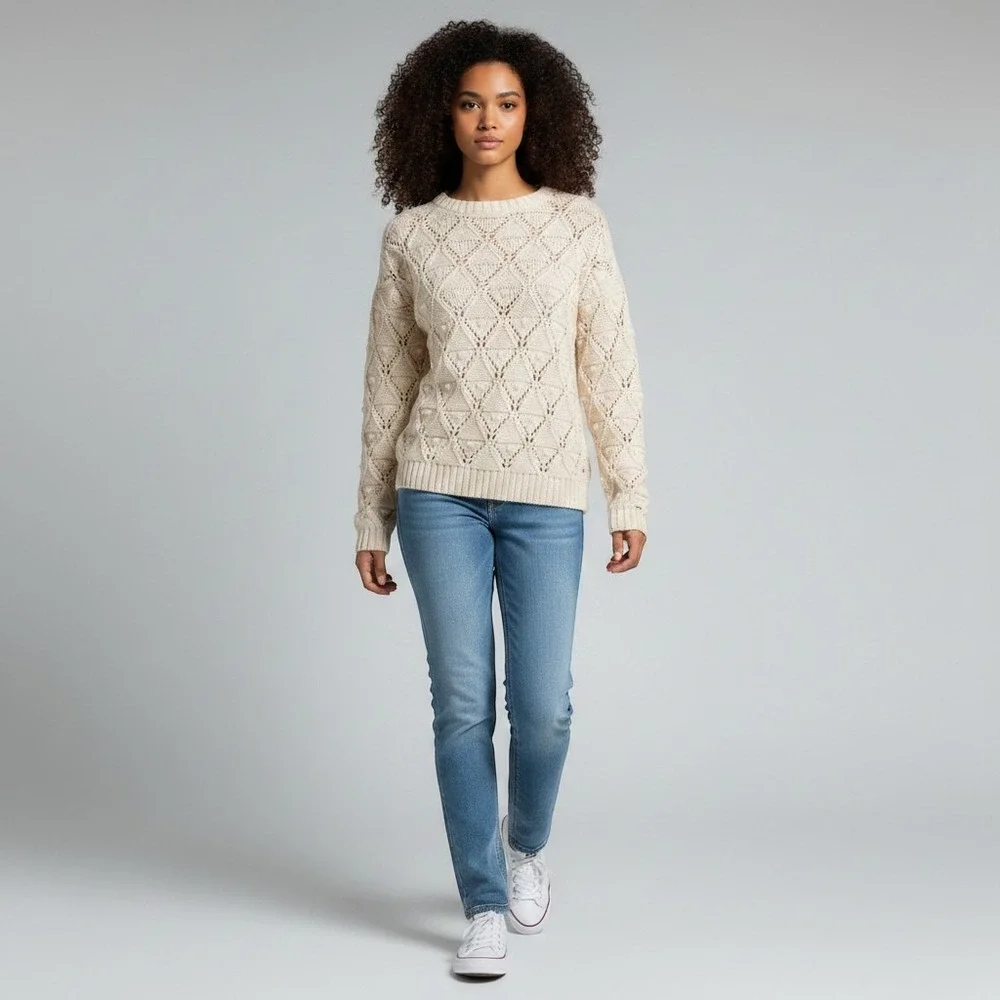 Tommy Hilfiger Sweater Womens‎ M Cream Excellent Pointelle Diamond Knit Cotton